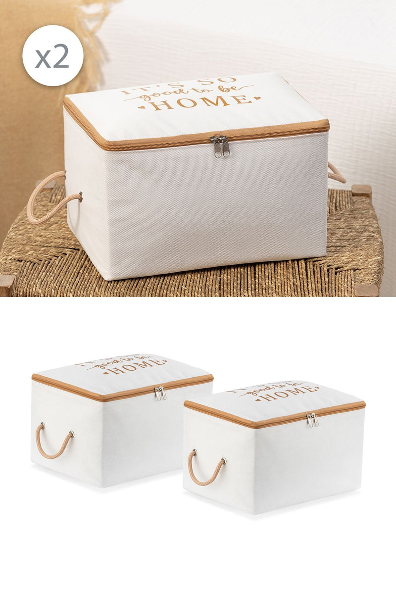 REKHOME 2'li Set Beyaz Bej Baskılı Küçük Boy Baza Altı Çorap Valiz Düzenleyici Çeyizlik Bohça Organizer Hurç