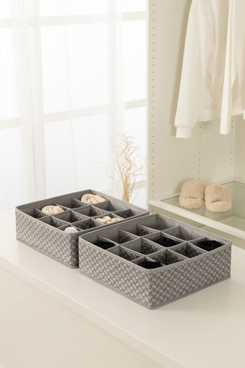 REKHOME 2'li 12 Bölmeli Balıksırtı Desenli Gri Çocuk Odası Dolap Çekmece Içi Çamaşır Çorap Düzenleyici Akordiyon Organizer