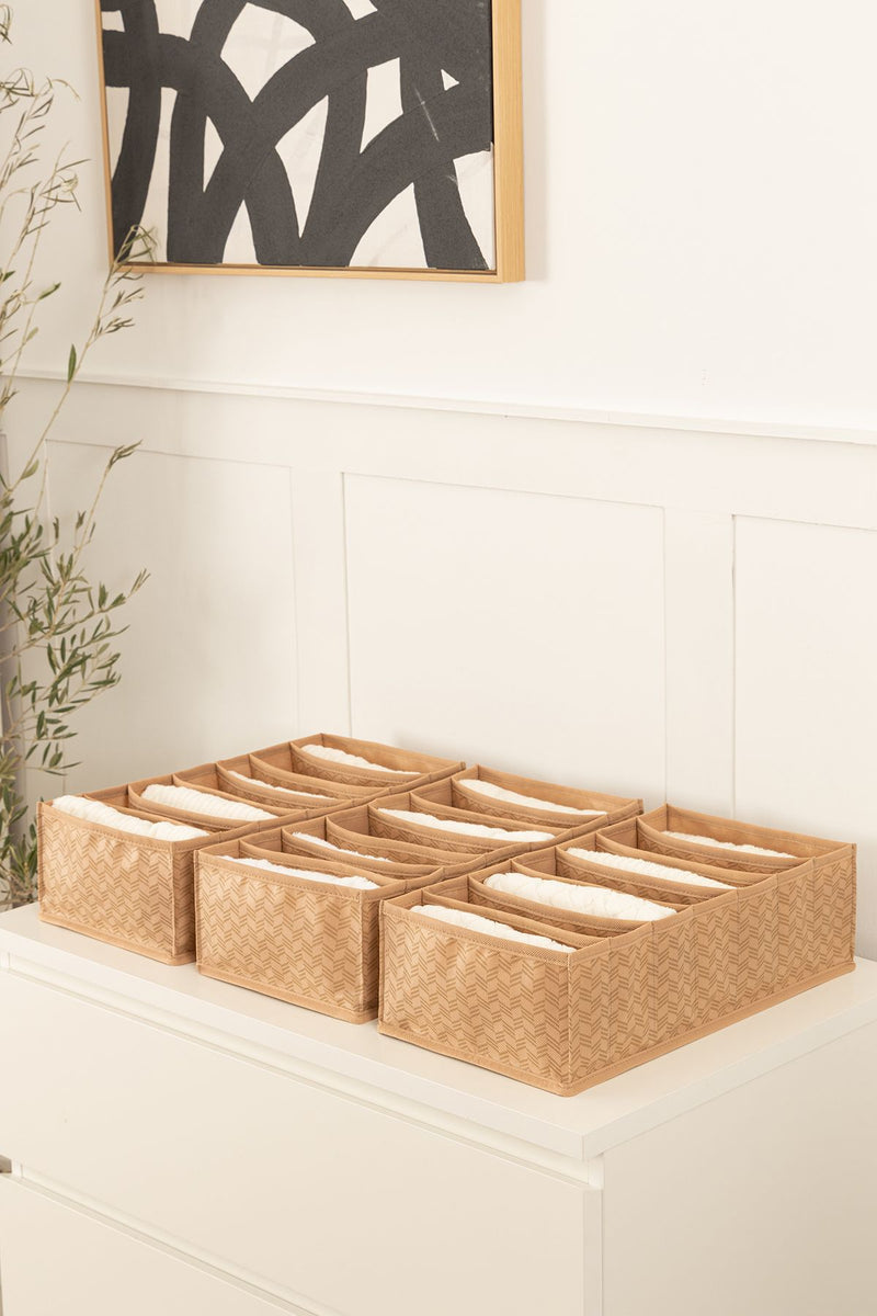 REKHOME 3lü Set 7 Bölmeli Balıksırtı Desenli Bej Dolap Çekmece İçi Akordiyon Katlanır Çorap Çamaşır Düzenleyici Organizer