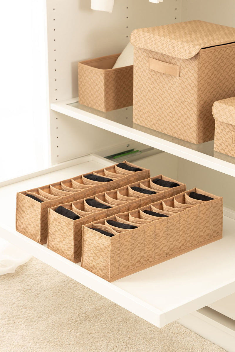 REKHOME 3lü Set 10 Bölmeli Balıksırtı Desenli Bej Dolap Çekmece İçi Akordiyon Katlanır Çorap Çamaşır Düzenleyici Organizer
