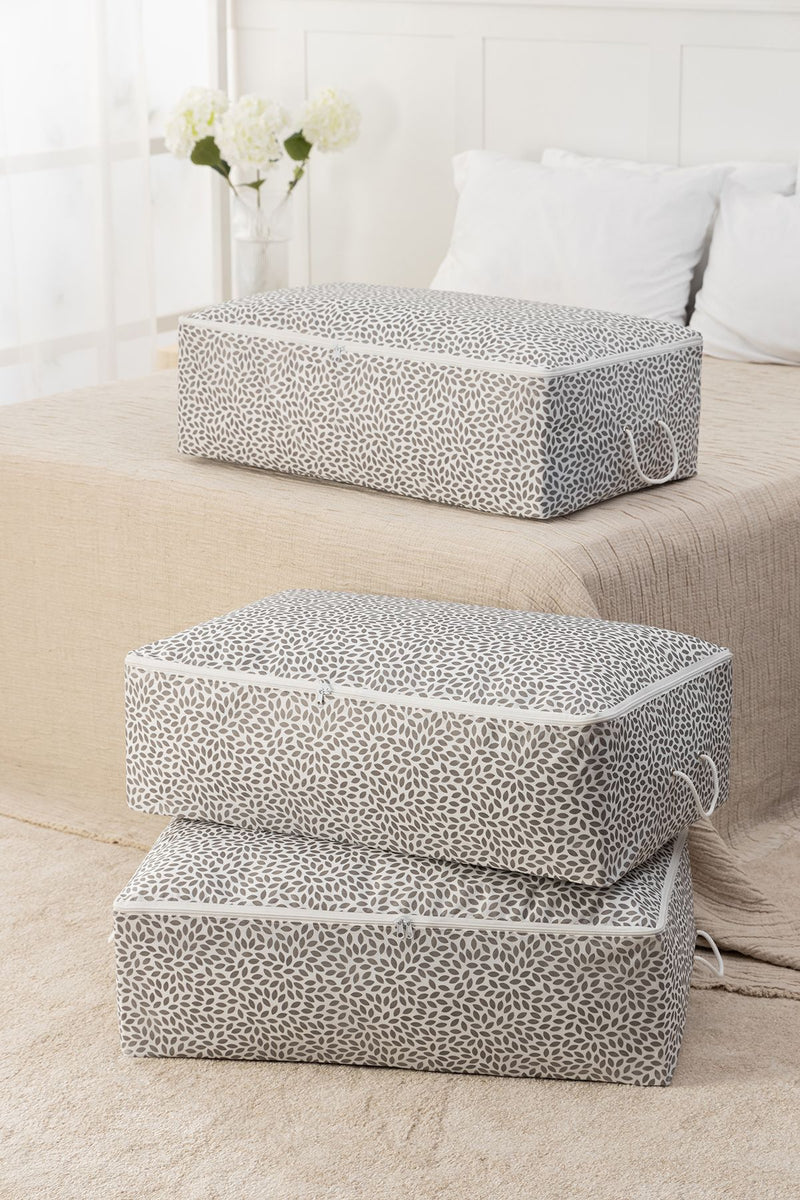 REKHOME 3 Adet Gri Yaprak Desenli Mega Boy Baza Altı Yastık Yorgan Kazak Hurcu 74x46x22