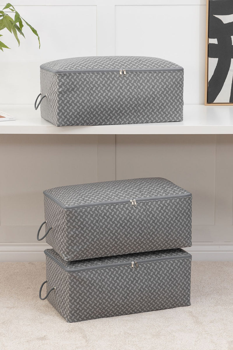 REKHOME 3'lü Balıksırtı Gri Baskılı Baza Altı Kazak Pike Battaniye Giysi Kıyafet Hurcu / 52x28x21