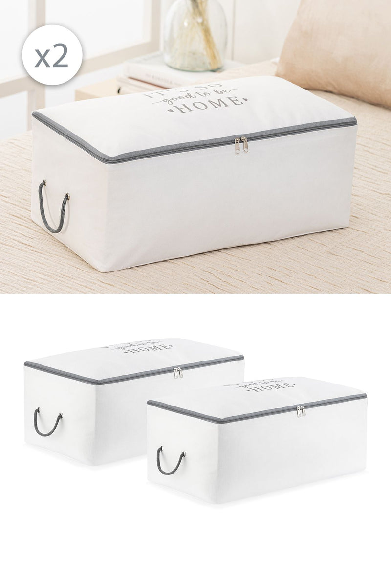 REKHOME 2'li Set Orta Boy Beyaz Gri Baskılı Baza Altı Çekyat Tipi Kazak Pike Düzenleyici Battaniye Hurcu 52x28x21