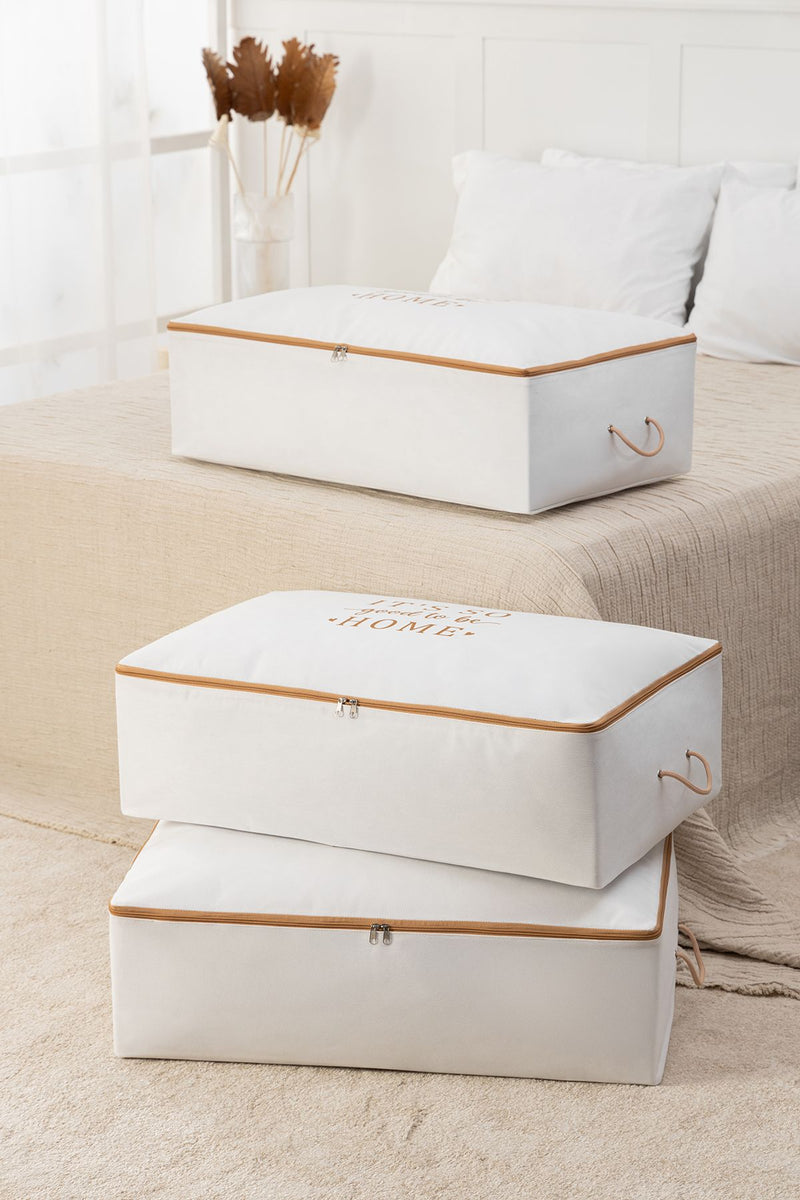 REKHOME 3 Adet Beyaz Bej Baskılı Mega Boy Baza Altı Yastık Yorgan Kazak Hurcu 74x46x22