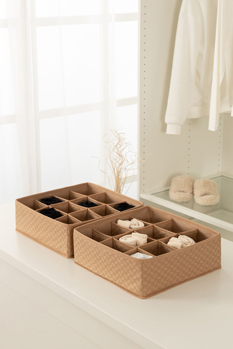 REKHOME 2'li 12 Bölmeli Balıksırtı Desenli Bej Çocuk Odası Dolap Çekmece Içi Çamaşır Çorap Düzenleyici Akordiyon Organizer