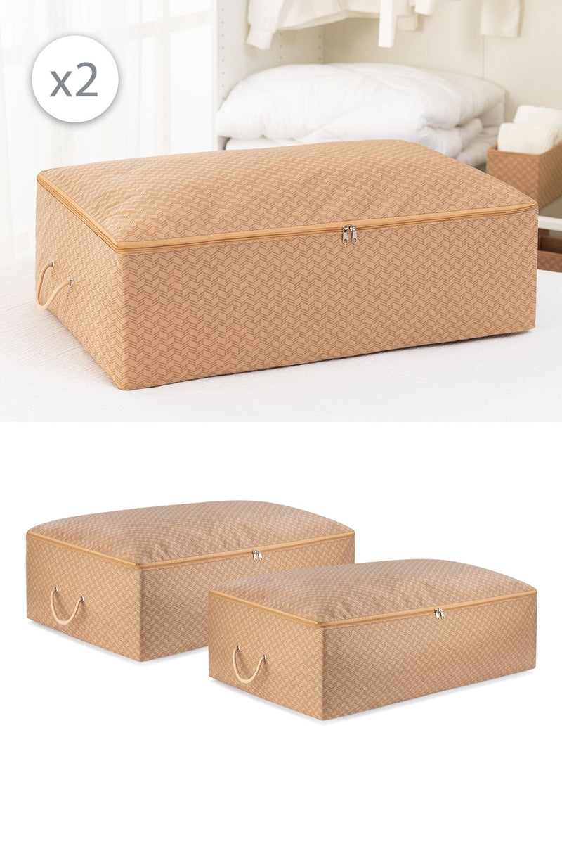 REKHOME 2'li Set Balıksırtı Bej Mega Boy Baza Yatak Altı Dolap İçi Yastık Yorgan Kıyafet Kazak Elbise Hurcu