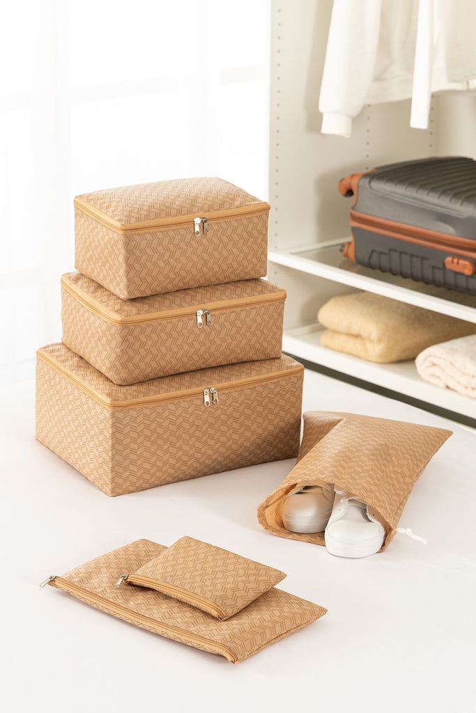 REKHOME 6'lı Balıksırtı Desenli Bej Valiz Düzenleyici Bavul İçi Organizer Set Seyehat Hurcu