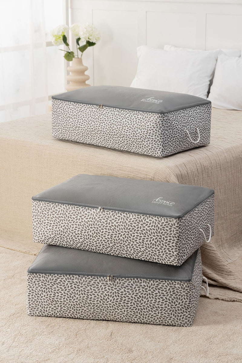 REKHOME 3 Adet Home Sweet Home Gri Baskılı Mega Boy Baza Altı Yastık Yorgan Kazak Hurcu 74x46x22