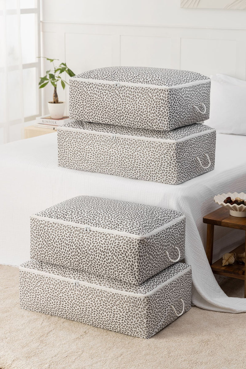 REKHOME 4'lü Gri Yaprak Desenli Baza Altı Yastık Yorgan Kazak Hurcu