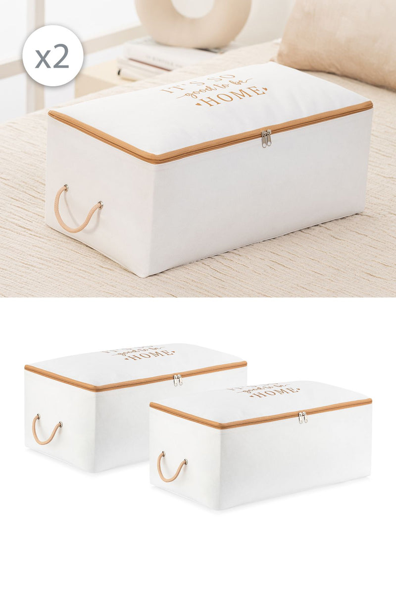 REKHOME 2'li Set Orta Boy Beyaz Bej Baskılı Baza Altı Çekyat Tipi Kazak Pike Düzenleyici Battaniye Hurcu 52x28x21