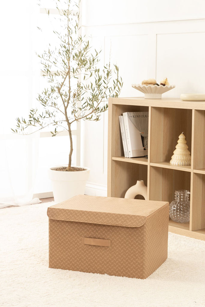 REKHOME Balıksırtı Bej Kapaklı Dolap İçi Çamaşır Oyuncak Düzenleyici Katlanır Saklama Kutusu Hurç / 48x40x30