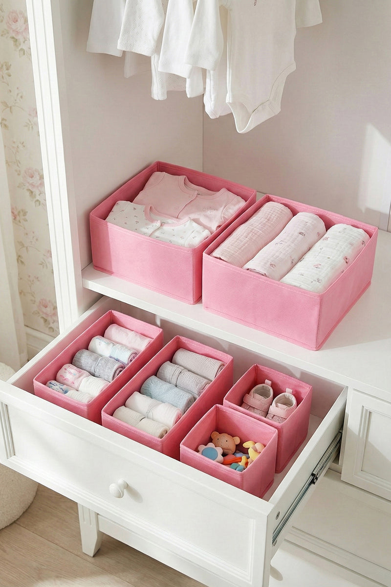 REKHOME 6'lı Çekmece Dolap İçi Düzenleyici Çocuk Bebek Odası Saklama Kutusu Organizer Set Pembe