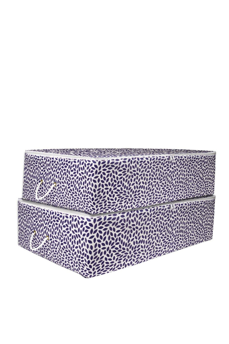 REKHOME 2'li Büyük Boy Baza Altı Lacivert Yaprak Baskılı Hurç Set / 62x46x22