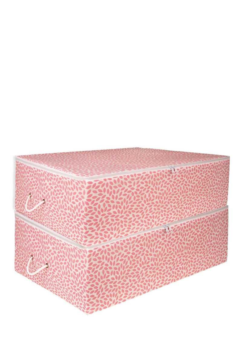 REKHOME 2'li Büyük Boy Baza Altı Pudra Yaprak Baskılı Hurç Set / 62x46x22