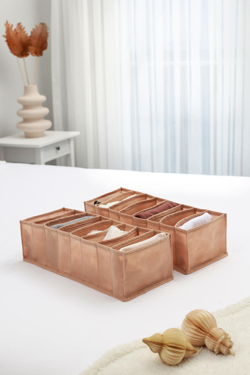 REKHOME 2'li Set Bej 8 Bölmeli Dolap Çekmece İçi Akordiyon Tipi Katlanır Çamaşır Düzenleyici Organizer