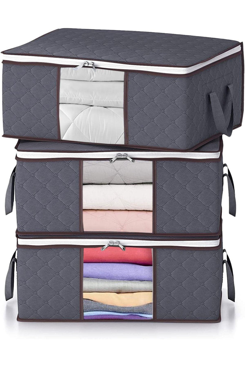 REKHOME 3 Adet Gri Pencereli Baza Altı Kazak Pike Battaniye Giysi Kıyafet Hurcu / 52x28x21