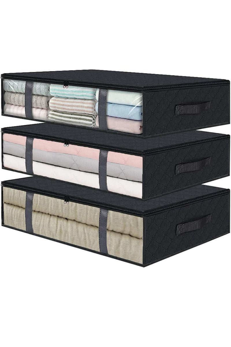 REKHOME 3 Adet Pencereli Siyah Baza Altı Yastık Yorgan Kazak Hurcu / 60x45x15