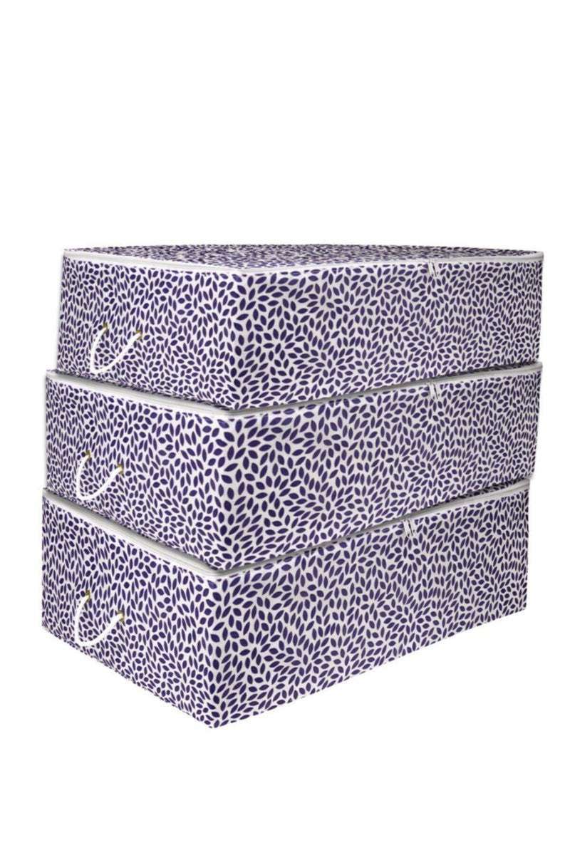 REKHOME 3'lü Büyük Boy Baza Altı Lacivert Yaprak Baskılı Hurç Set / 62x46x22