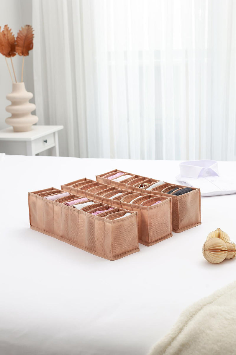 REKHOME 3'lü Set Bej 10 Bölmeli Dolap Çekmece İçi Akordiyon Tipi Katlanır Çamaşır Düzenleyici Organizer