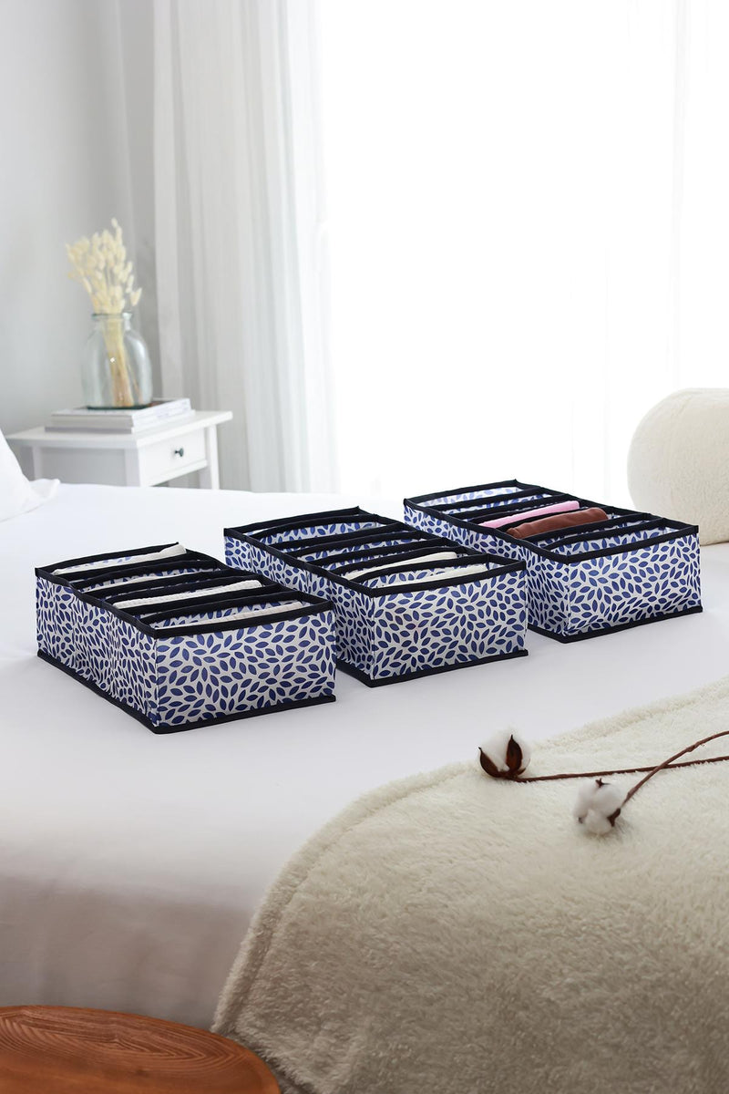 REKHOME 3'lü Set Yaprak Lacivert 7 Bölmeli Dolap Çekmece İçi Akordiyon Tipi Katlanır Çamaşır Düzenleyici Organizer