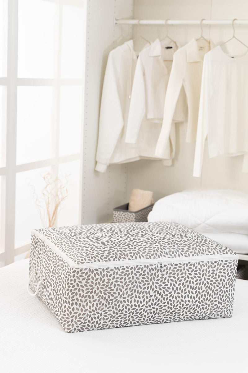 REKHOME Büyük Boy Baza Altı Gri Yaprak Baskılı Hurç / 62x46x22